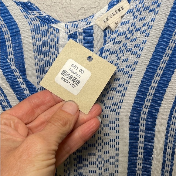 en Creme Blue and White Striped Woven Tunic Medium NWT - Picture 4 of 8